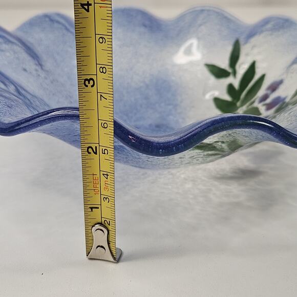 VINTAGE Hand Made Flower Pattern Fused Glass Textured Bowl Dish Ruffled Edge - Picture 8 of 8